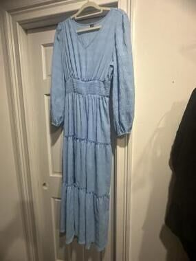Light Blue Long Sleeve Tiered Maxi Dress